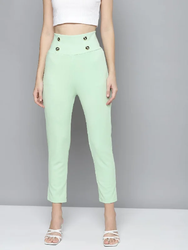 Women’s biker pants for adventurous style -Mint Green Scuba Front Button High Waist Pants