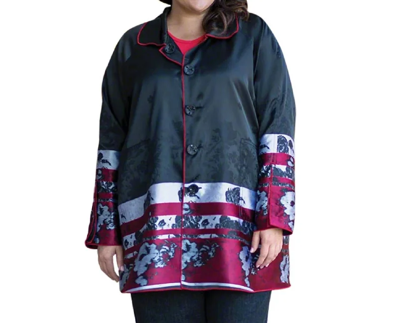 Women’s zip-up coats for easy wear -Plus Size Reversible Raincoat In Black Poppy