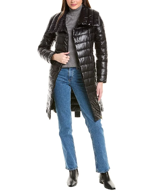 Women’s wrap-around coats for extra style -Via Spiga Asymmetrical Belted Puffer Coat