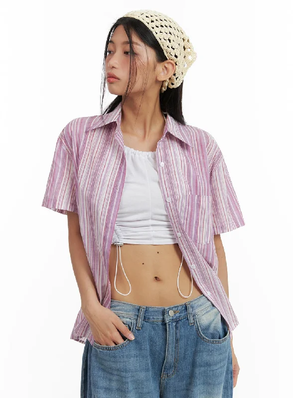 Women’s silk tops for evening events -Stripe Buttoned Oversized Shirt CA423