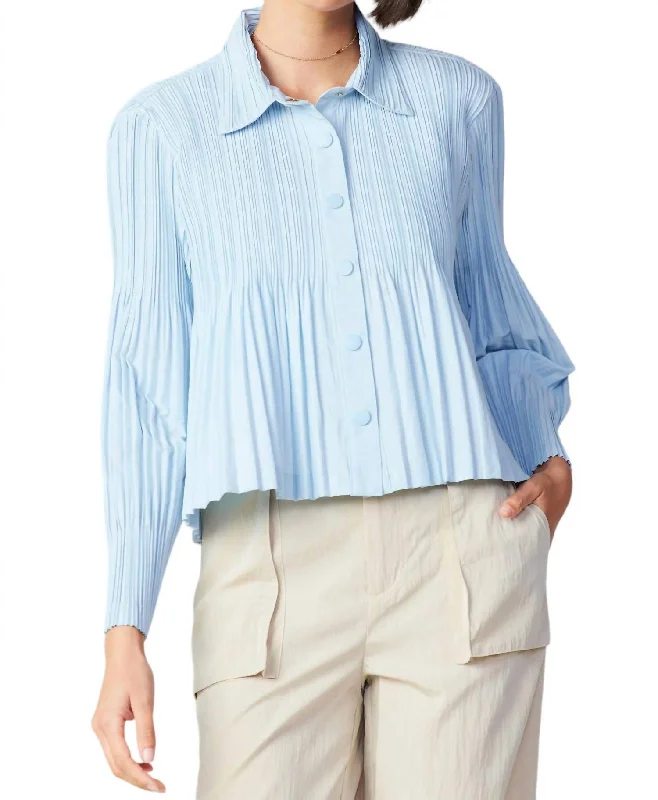 Women’s athletic coats for outdoor activities -Button Down Cropped Pleated Jacket In Pastel Blue