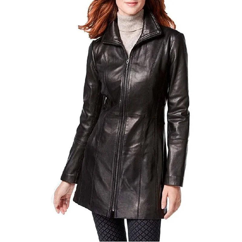 Women’s denim coats for laid-back vibe -ANNE KLEIN Women's Mid-Length Zip Front Leather Coat