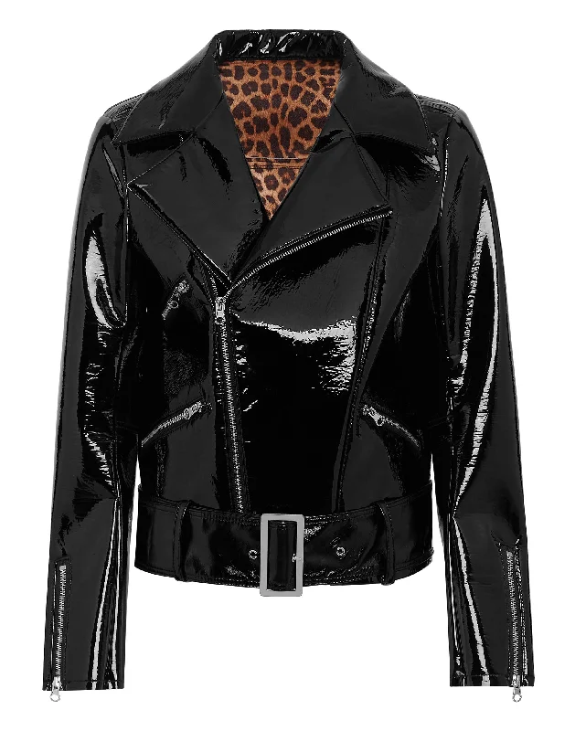 Women’s military-style coats for bold look -Oversize Glossy Eco Leather Jacket