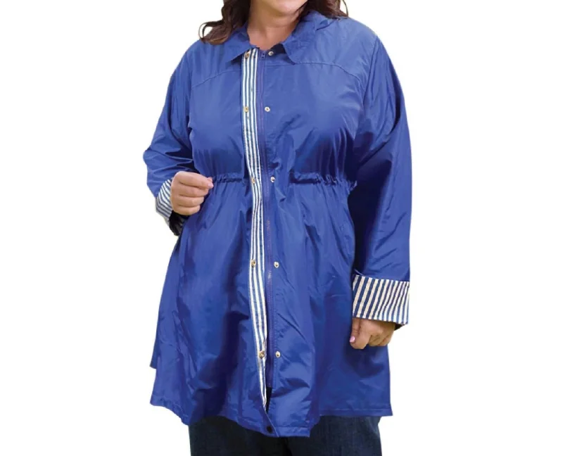 Women’s plaid wool coats for classic look -Adjustable Cinch Waist Raincoat With Removable Hood - Plus Size In Royal Blue