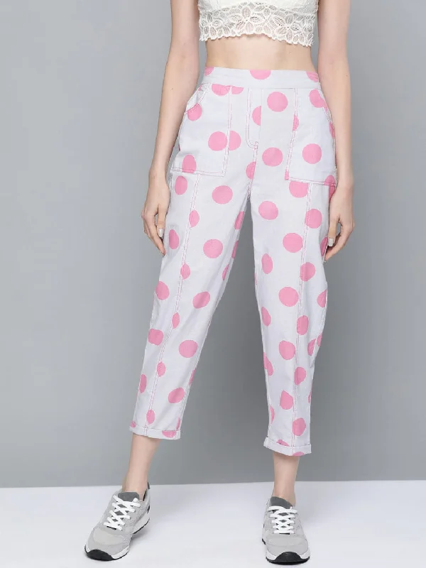 Women’s houndstooth pants for classic style -Pink & Grey Polka Print Tapered Pants