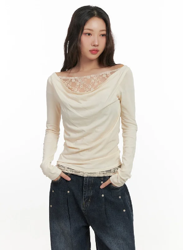 Women’s tops with embroidery for detailed design -Lace Detail Cowl Neck Top CN426