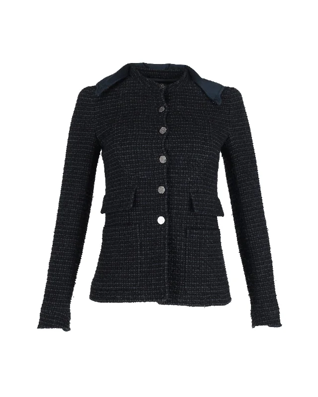 Women’s long-line coats for a sleek look -Chanel Boucle Tweed Fitted Jacket with Detachable Collar in Navy Blue Cotton