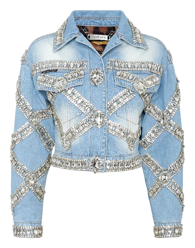 Women’s statement coats for standout style -Cropped Oversize Denim Jacket Brooches