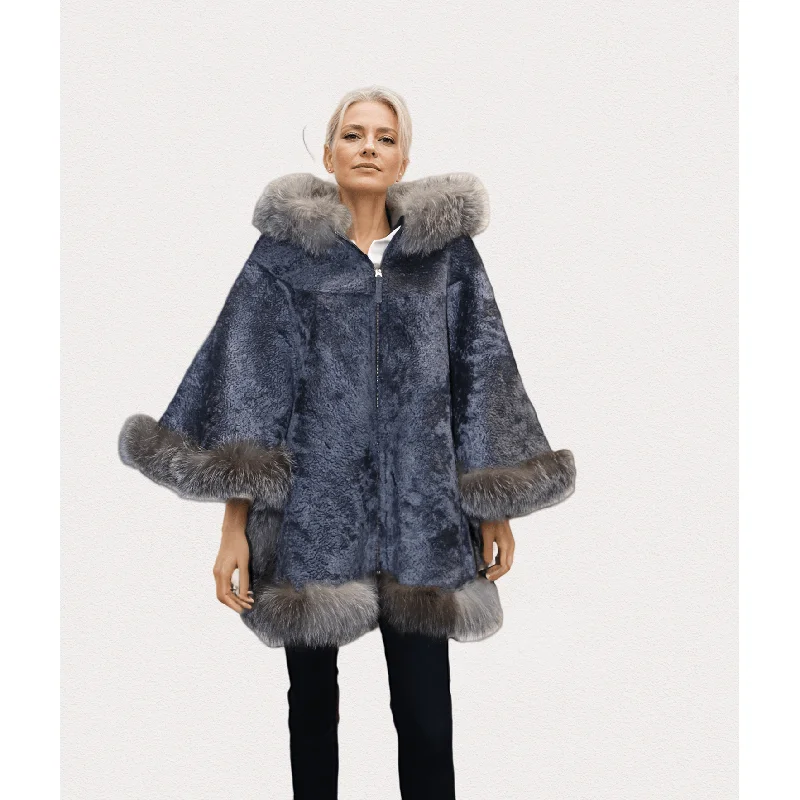 Women’s shearling coats for soft texture -Barya New York Women's Poncho Overcoat with Fox Fur Hood