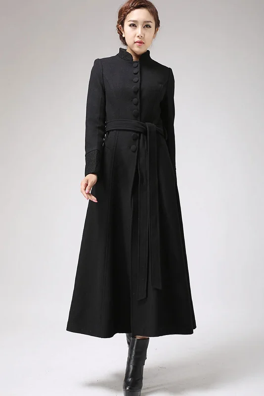 Women’s wool coats for elegance -Long Black Dress Coat with Mandarin Collar 0717#