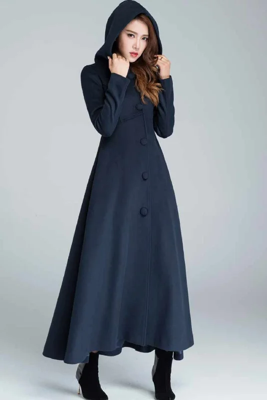 Women’s camel-colored coats for chic style -Navy blue maxi wool coat with hood 1637#