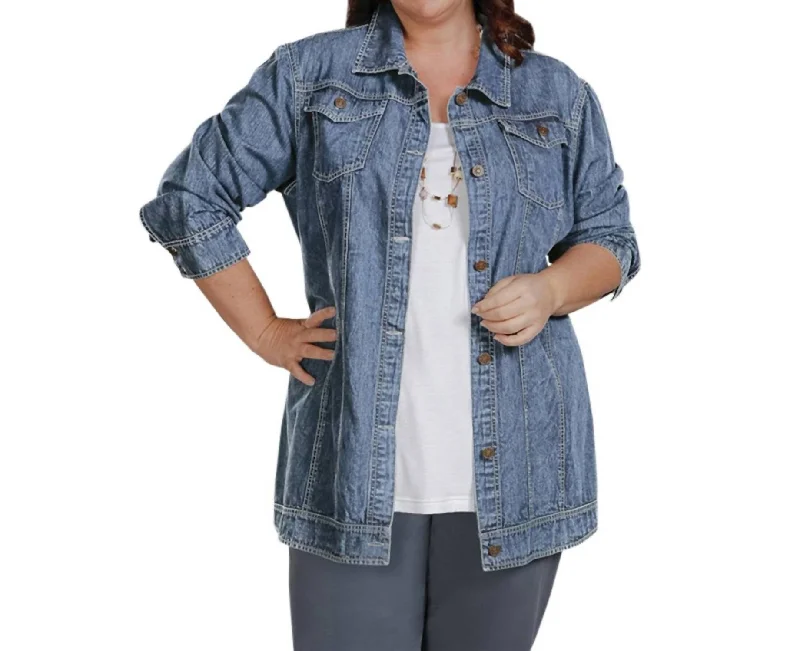 Women’s wool coat with button details -Rydel Denim Jacket - Plus Size In Indigo Denim