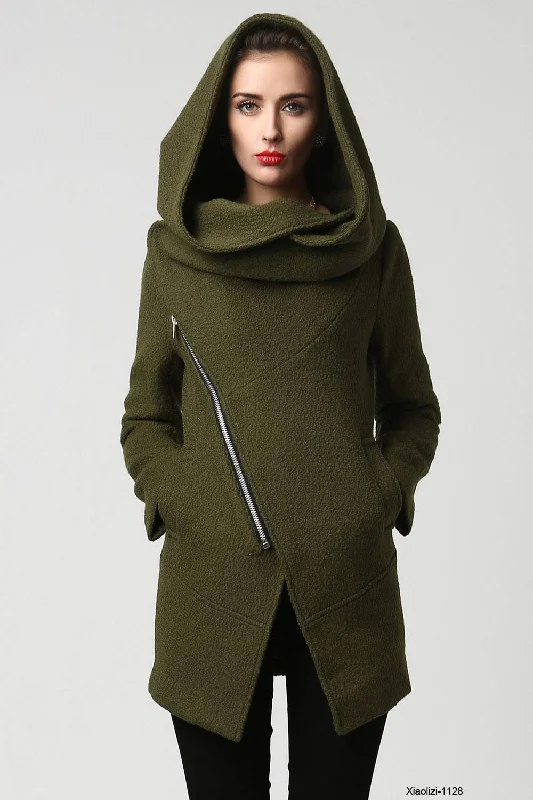 Women’s zippered coats for a modern look -Womens Short Green Wool Coat with Oversized Hood  1128#