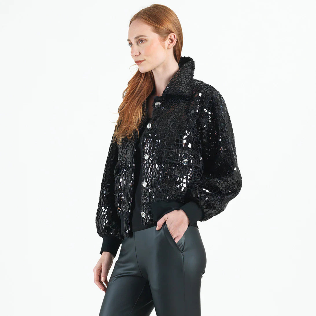 Women’s trench coats with tie waist -Crushed Faux Fur - Shimmer Embellished Bomber Jacket - Black - Limited Edition!