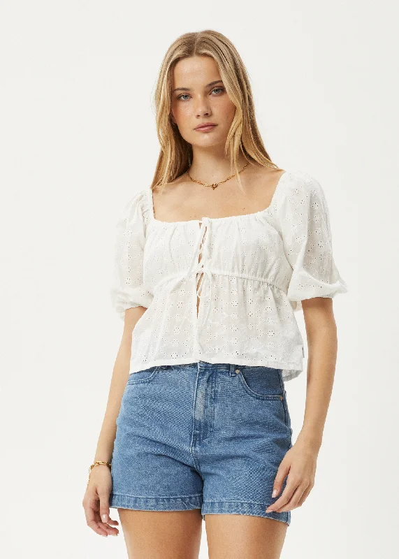 Women’s tops with feather details for glam -AFENDS Womens Marlow - Tie Front Top - White