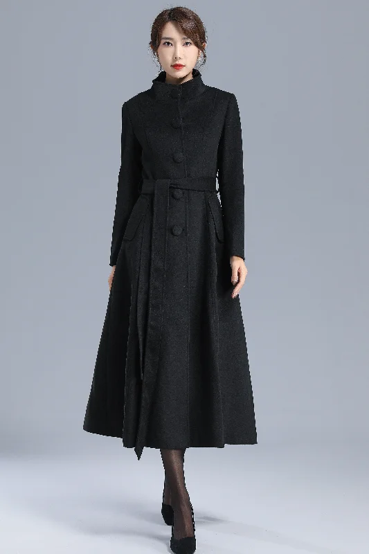 Women’s plaid coats for vintage charm -High Neck Black Wool Coat Women 3202