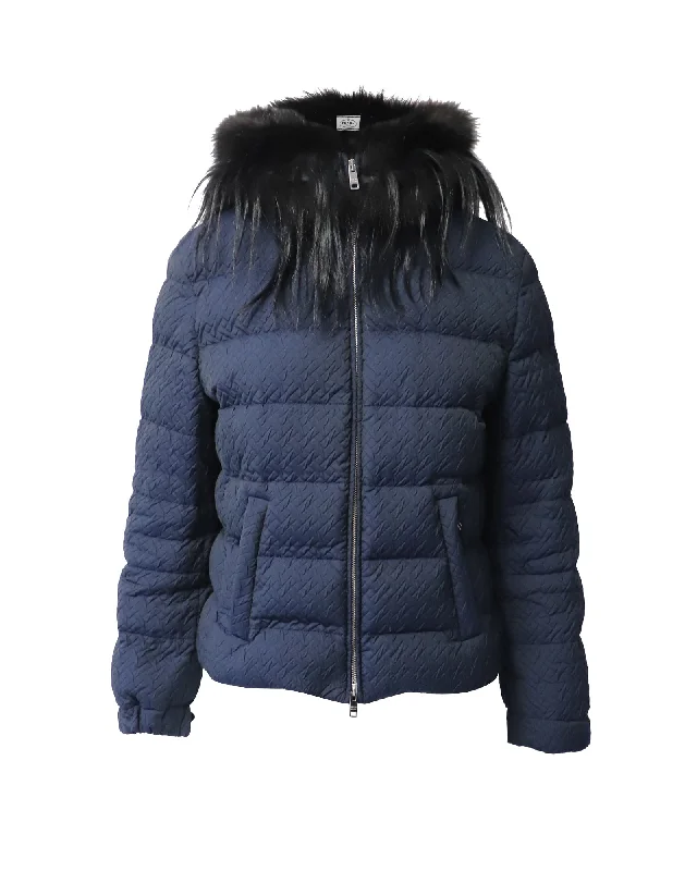 Women’s retro-style coats for vintage flair -Prada Padded Jacket with Fur Collar in Navy Blue Polyester