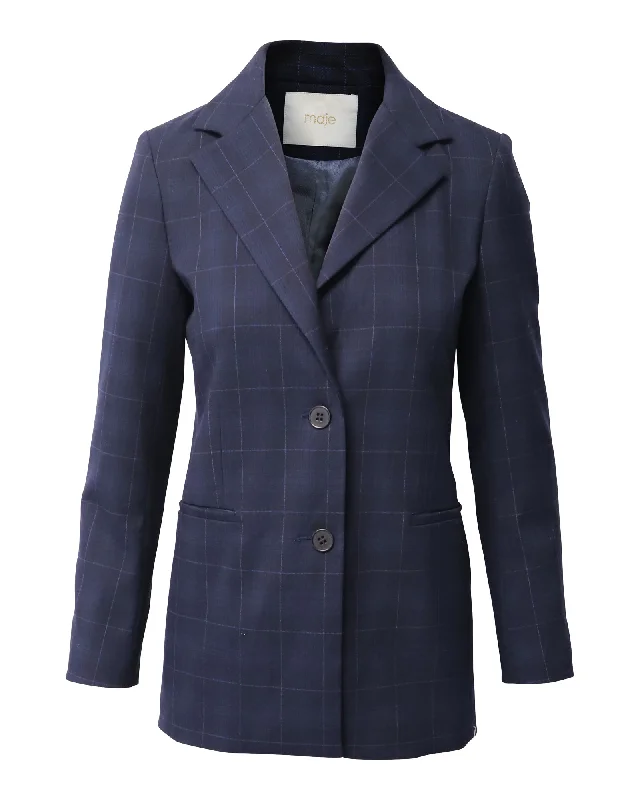 Women’s faux leather bomber coats for trendy style -Maje Plaid Blazer Jacket in Navy Blue Polyester