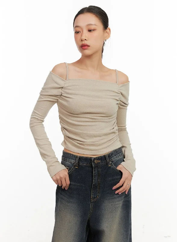 Women’s fleece-lined tops for winter comfort -Shirred Off Shoulder Crop Top CD410