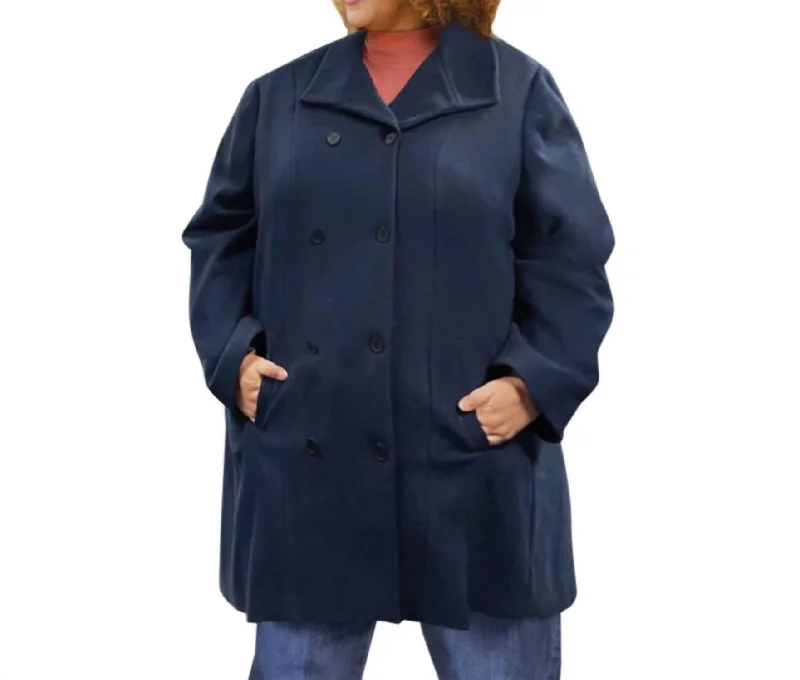 Women’s long-line coats for a sleek look -Long Sleeve Peacoat - Plus Size In Navy