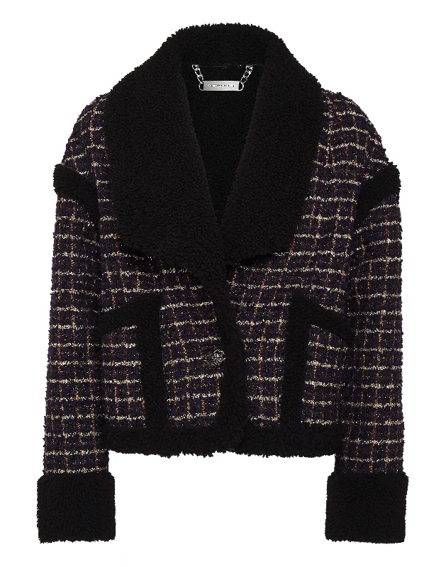 Women’s wrap coats for versatile fashion -Tweed and Shearling Mix Coat Loose Fit Tartan