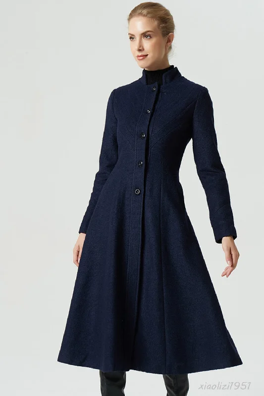 Women’s long wool coats for classic elegance -navy blue midi wool coat for women 1951#