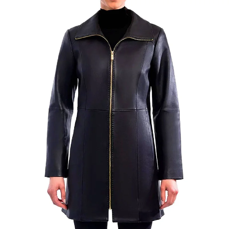 Women’s open-front coats for casual elegance -Anne Klein Women's Petite Zip-Front Leather Coat