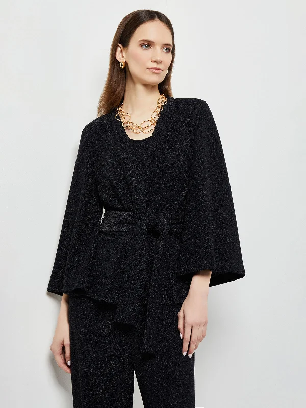 Women’s herringbone coats for sophisticated style -Sparkle Tie-Waist Bell Sleeve Woven Jacket