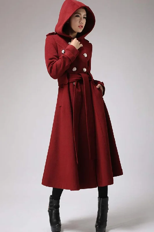 Women’s oversized trench coats for a bold look -Womens's hooded Military coat in Red 0705#