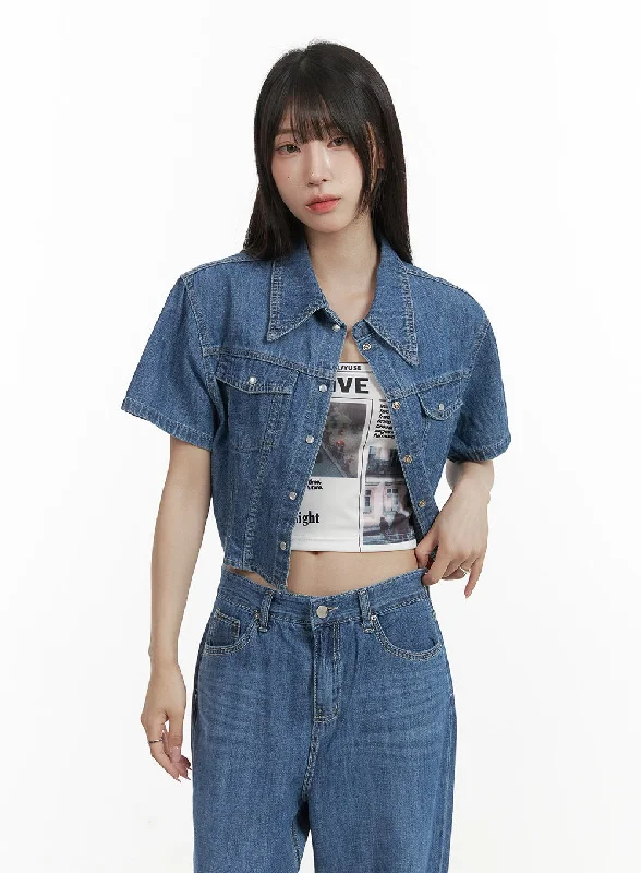 Women’s blouses for professional look -Pocketed Washed Denim Crop Shirt CY407