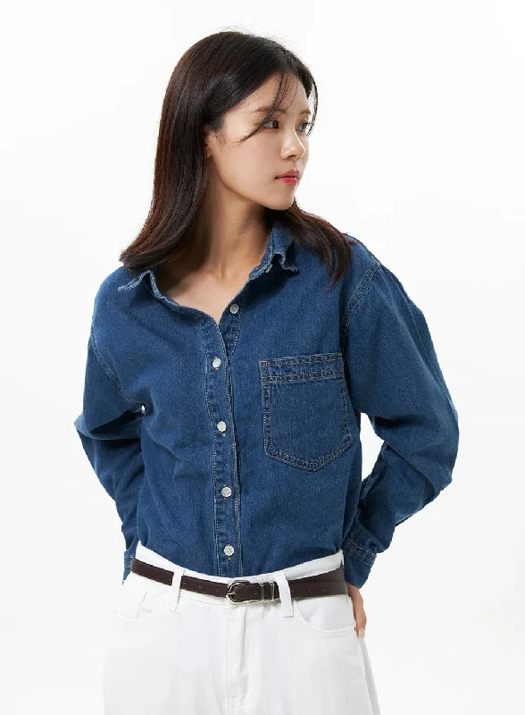 Women’s wrap tops for stylish outfits -Denim Button-Down Shirt OS310