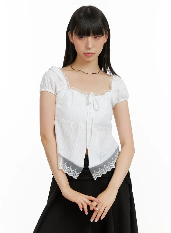 Women’s tops for layering under cardigans -Lace Hem Cotton Ribboned Square Neck Shirt CU425