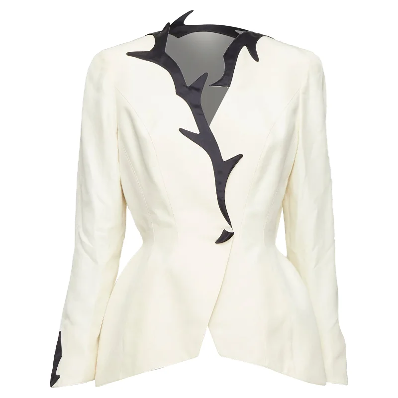 Women’s zip-up coats for easy wear -Thierry Mugler off white cotton border collar peplum blazer