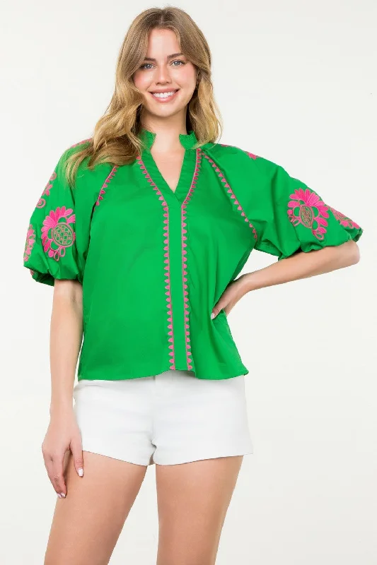 Women’s tops with boat neck design -Green Petal Puff Sleeve Top