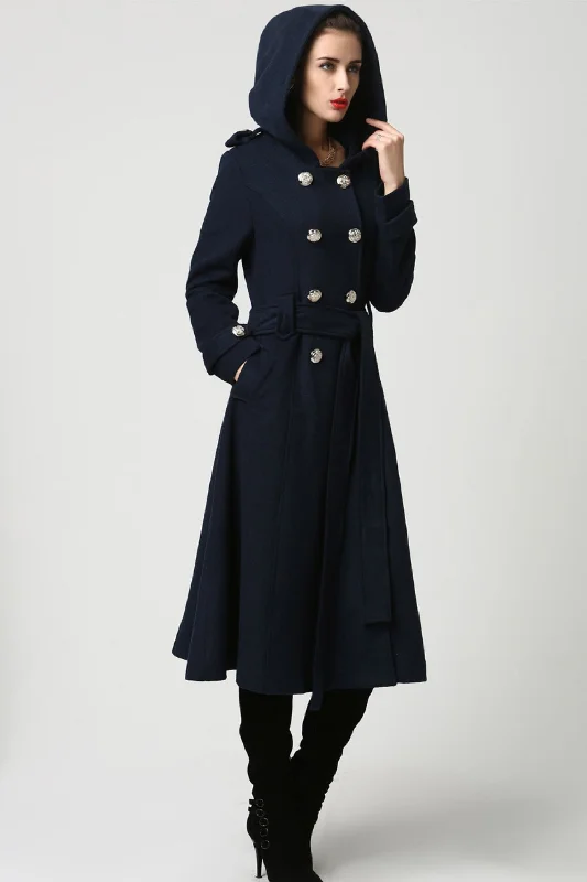 Women’s toggle coats for a stylish twist -Women's military wool coat with hood  in navy blue 1114#