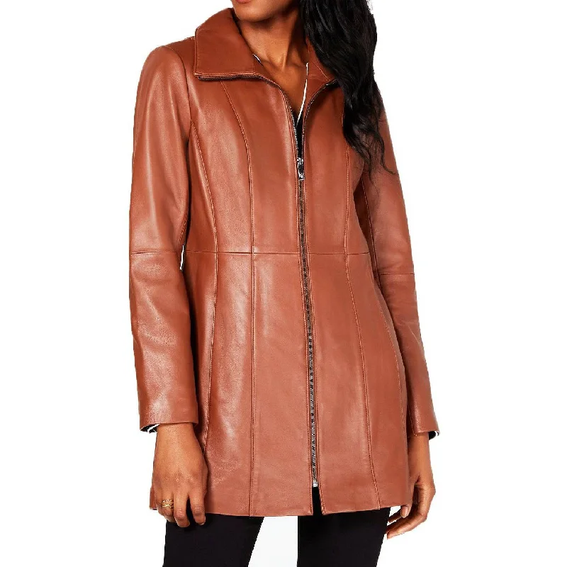 Women’s faux shearling coats for a warm feel -Anne Klein Women's Stand-Collar Lamb Leather Walker Coat