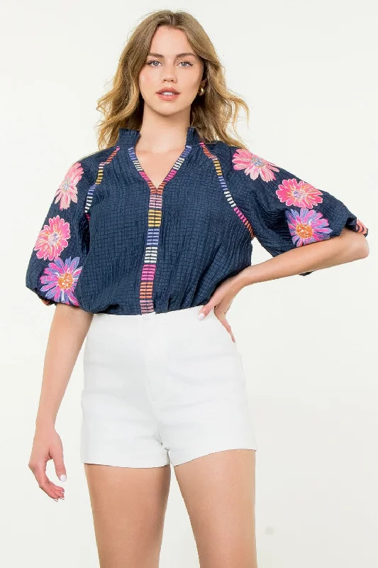 Women’s tops with peplum silhouette -Navy Embroidered Puff Sleeve Top