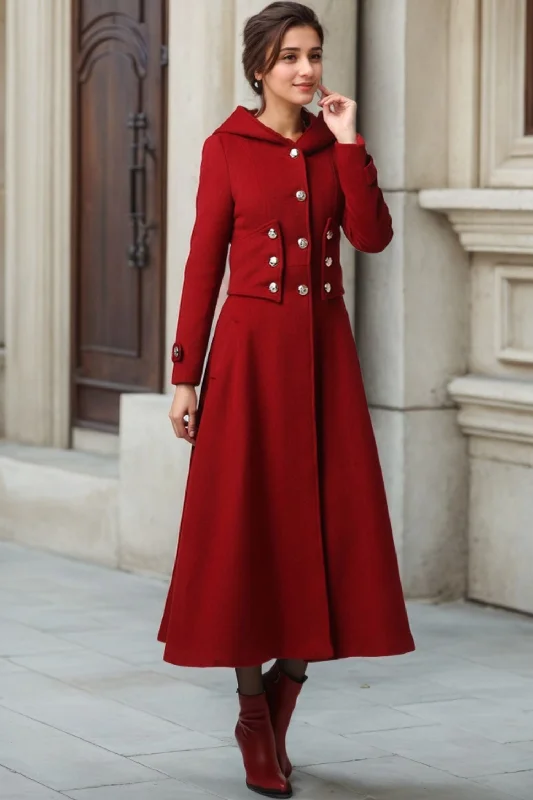 Casual women’s coats for everyday wear -Womens Long Red Wool Coat with Hood 1107#