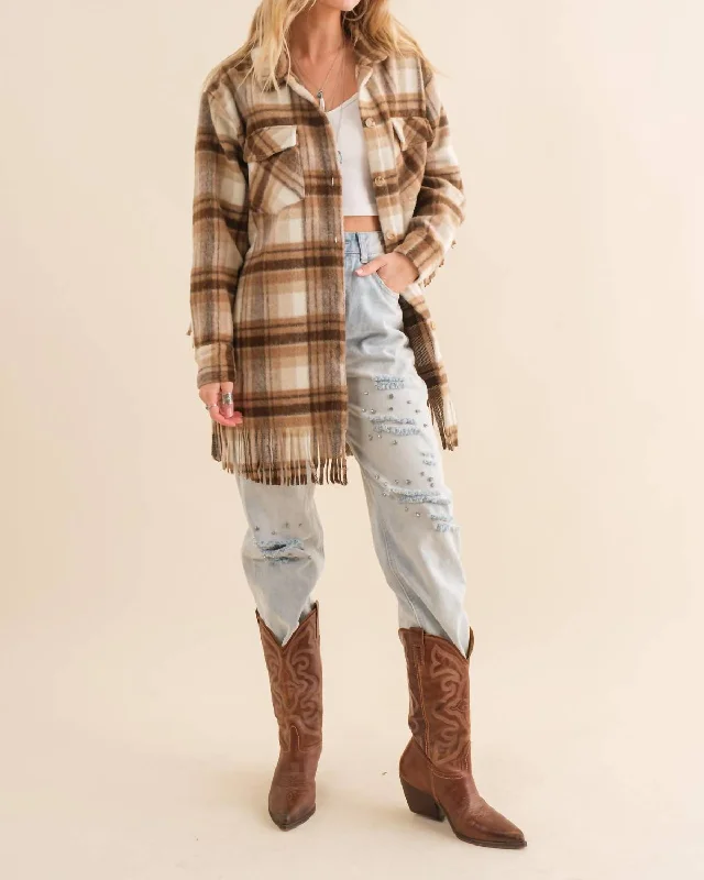 Women’s pea coats for classic style -Plaid Fringe Shacket In Brown/ivory