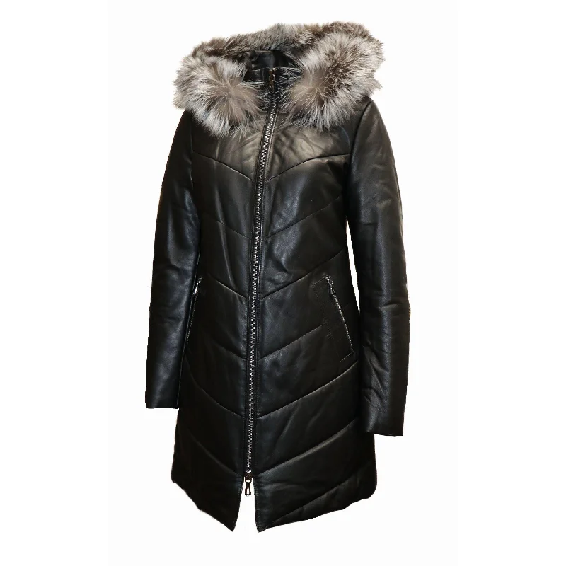 Women’s rainproof coats for wet weather -BARYA NEW YORK Women's Puffer Leather Coat with Fox Fur