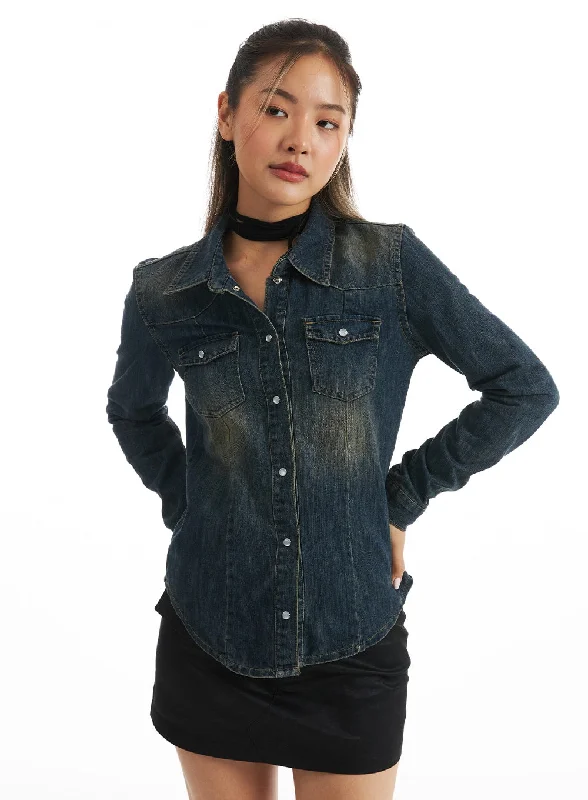 Colorful women’s tops for spring -Timeless Tailored Denim Shirt CO318