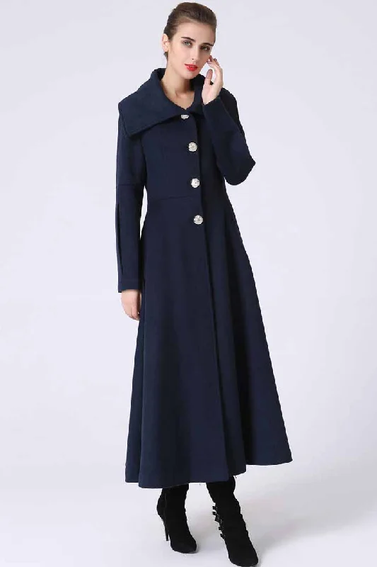 Women’s coats with belt for flattering fit -Long Blue Winter wool Coat with big collar 1054#