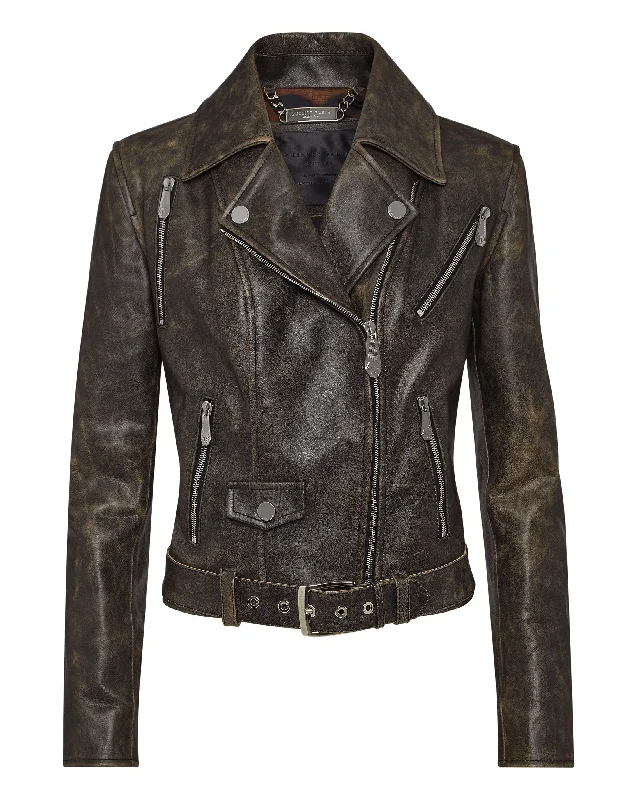 Women’s faux fur coats for luxe look -Shoulder Padded Leather Biker Jacket