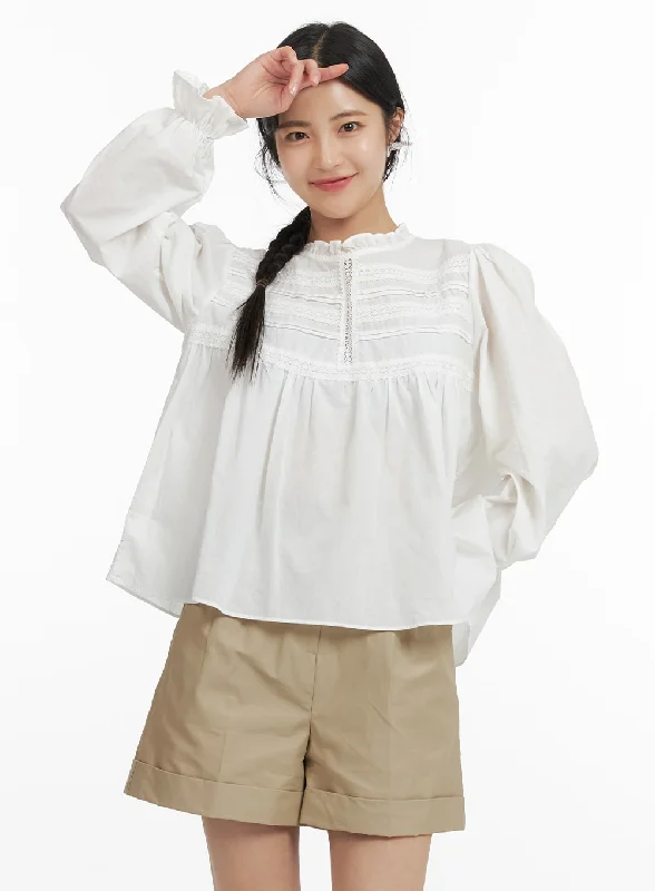 Women’s long sleeve tops for chilly mornings -Frill Lace Blouse OF419