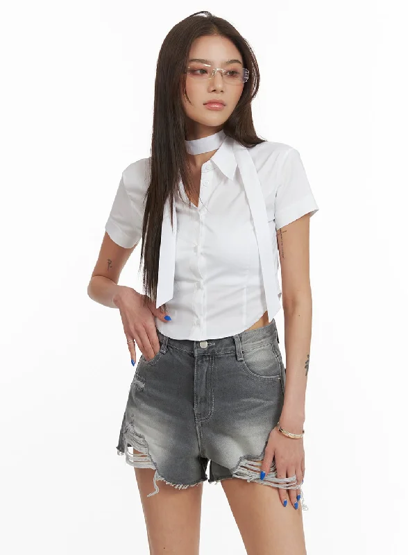 Women’s halter neck tops for summer fashion -Buttoned Collar Crop Shirt with Scarf CY424