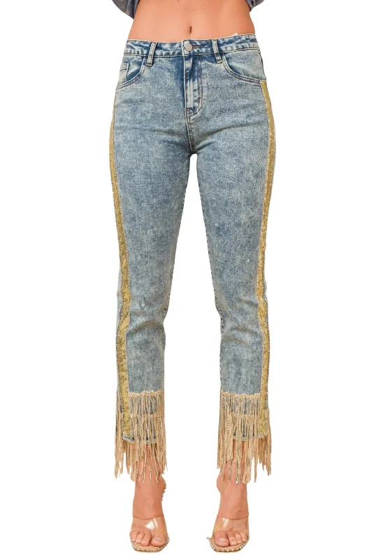 Women’s distressed jeans for a cool look -Sequin Striped Fringe Denim Jeans In Medium Wash