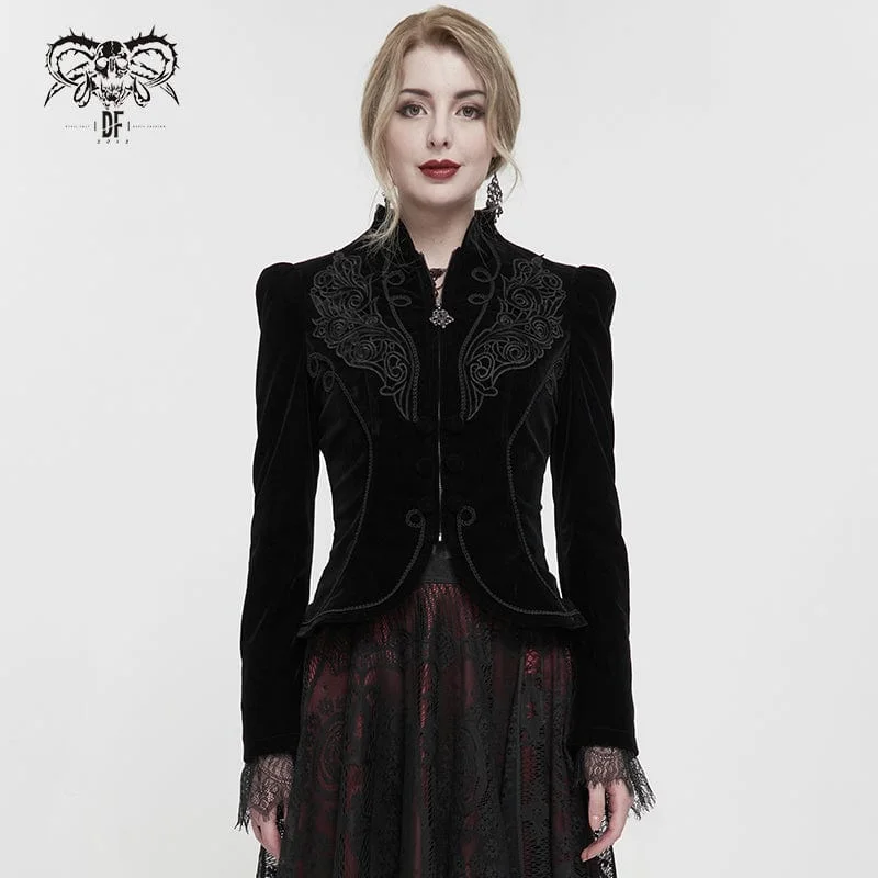 Short women’s coats for a trendy appearance -Women's Gothic Stand Collar Floral Embroidered Jacket