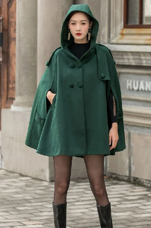 Women’s down-filled coats for warmth and comfort -Green Hooded Wool Cape Coat Women 3141