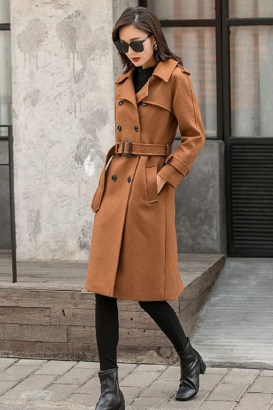 Lightweight women’s coats for mild weather -Double-breasted Camel Wool Military Coat Women 2840