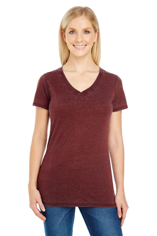 Classic women’s button-down tops for casual wear -Threadfast Apparel Womens Cross Dye Short Sleeve V-Neck T-Shirt - Black Cherry Red